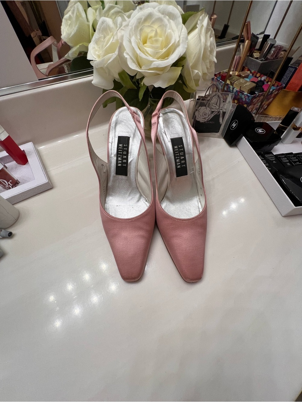Stuart Weitzman Dusty Pink Satin Slingback Pumps w/ Crystals on heels - Size 9
